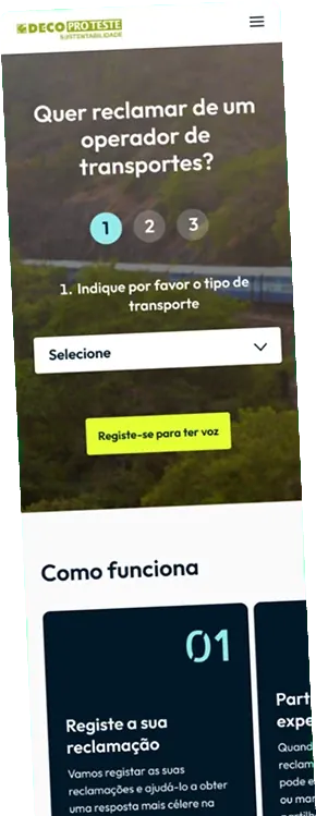 DECO PROteste sustainability site on a phone, showing a transport complaint form