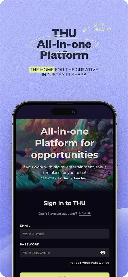 THU mobile app sign-in screen, "All-in-one platform for opportunities"