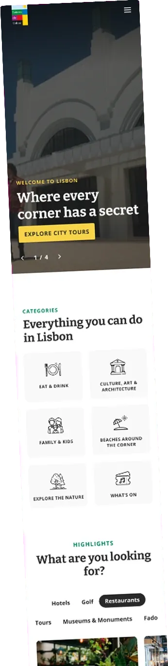 Visit Lisboa website on a phone, "Where every corner has a secret"